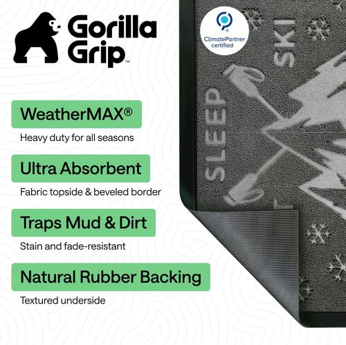GORILLA GRIP Waterproof All-Season WeatherMAX Doormat - 35x23" Natural Rubber, Stain & Fade Resistant, Easy Clean, Graphite