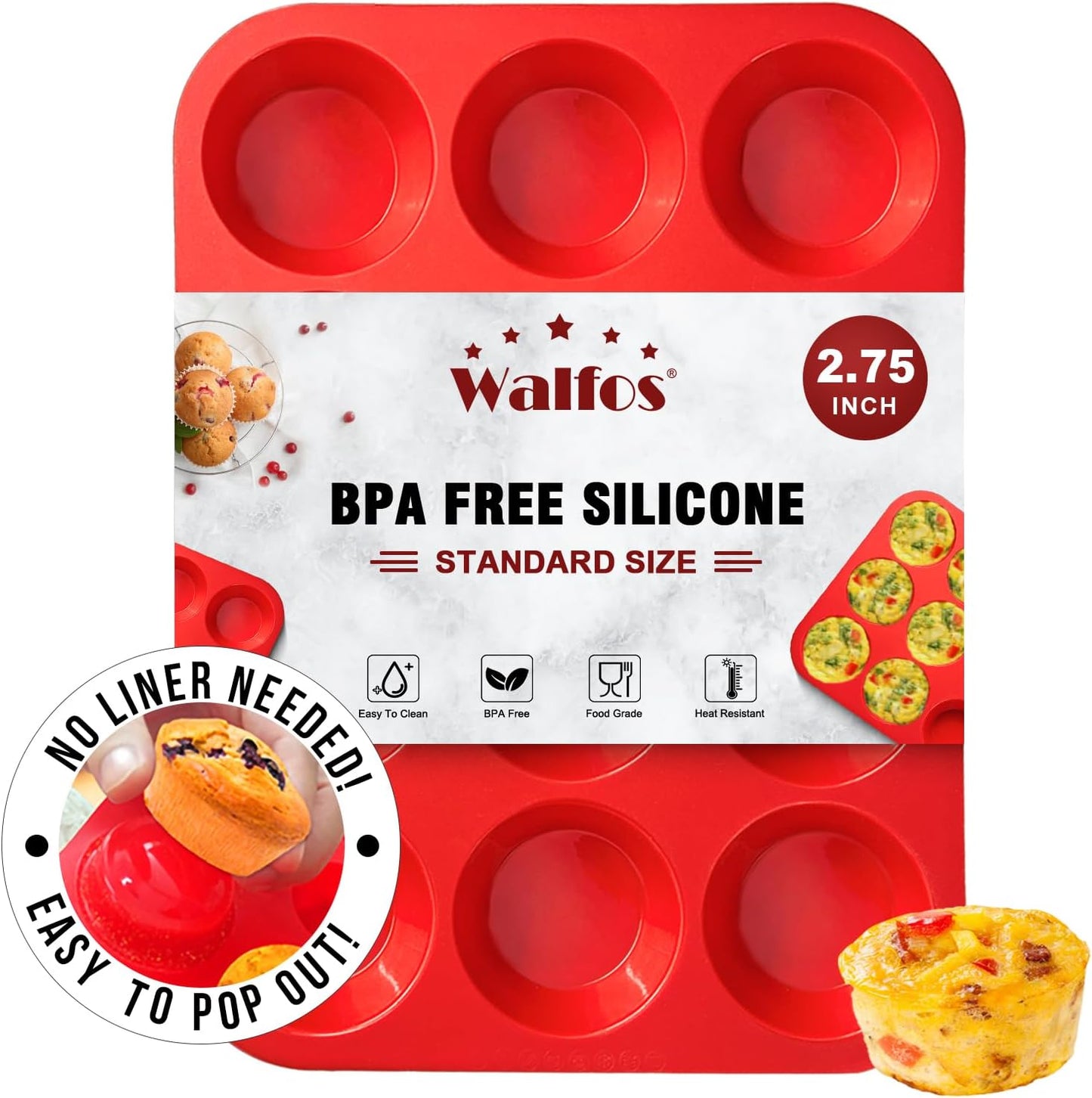 Walfos Silicone Muffin Pan - Non-Stick 12-Cup Silicone Bakeware | BPA Free & Dishwasher Safe