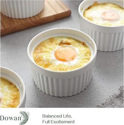 DOWAN 4 Oz Ramekins - Oven Safe Porcelain Bowls for Crème Brûlée & Soufflé | Set of 6, Classic White