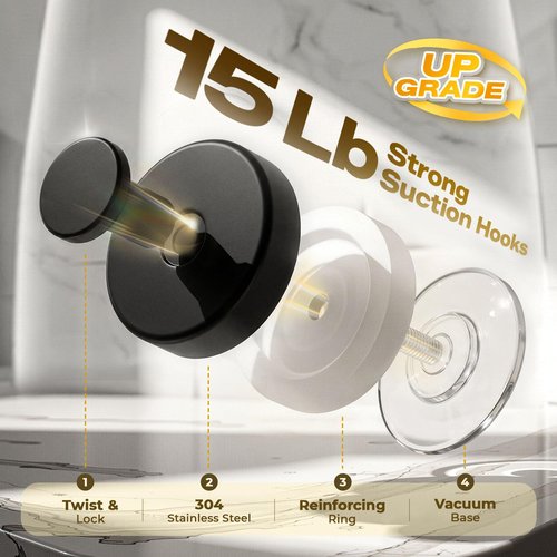 Upgraded Suction Cup Hooks for Shower, Heavy Duty Removable Towel Hooks for Bathroom Glass Door Wall, Stainless Steel Shower Hooks for Towel & Loofah (2 Pack, Black)