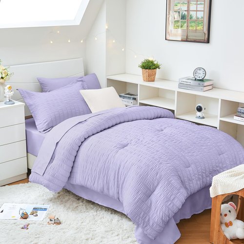 HYMOKEGE Light Purple Twin XL Comforter Set Seersucker 5 Pieces, All Season Luxury Bed in a Bag for Bedroom, Bedding Set with Comforter, Sheets, Pillowcase & Sham