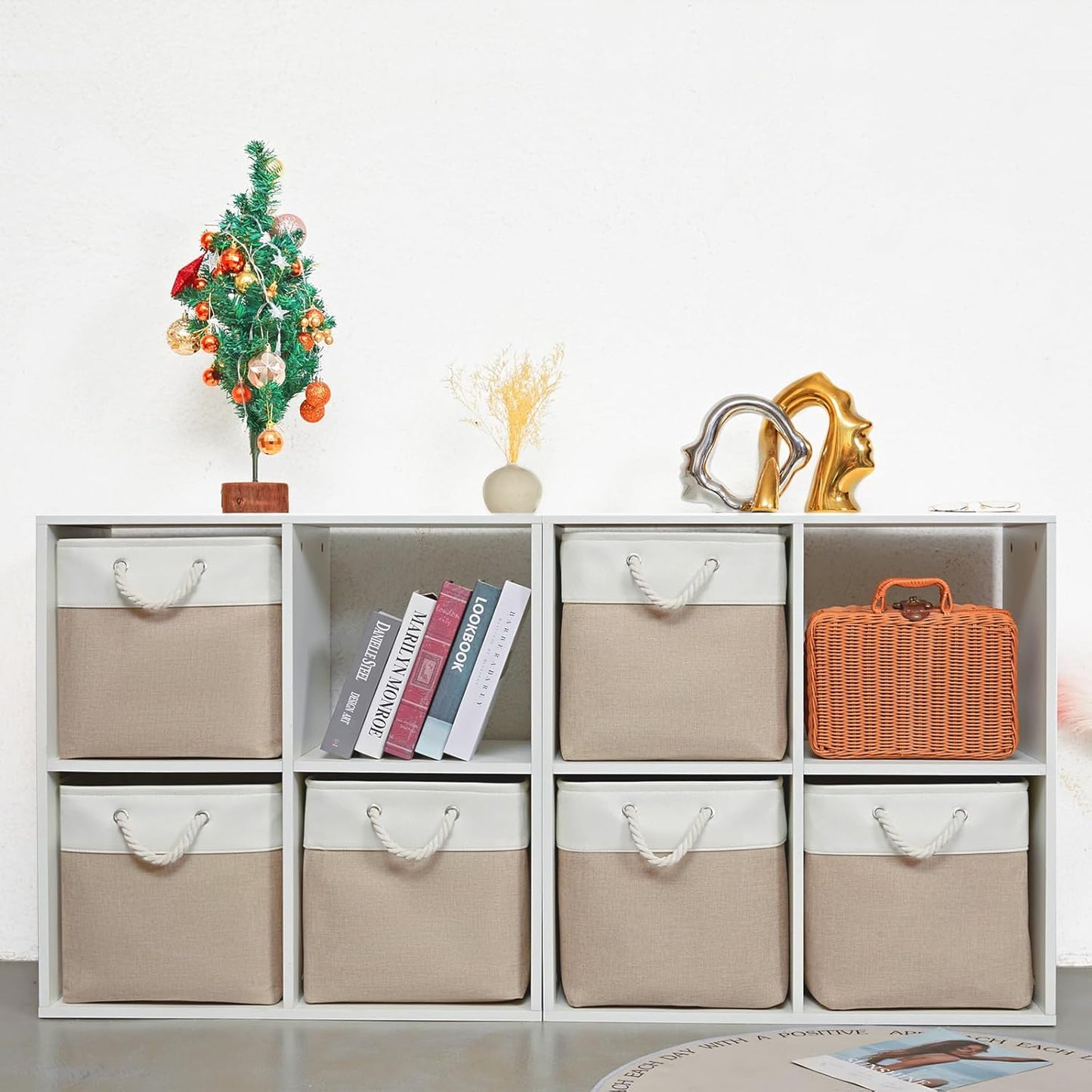 Skiennix 6-Pack Storage Cubes - 13x13 Inch Fabric Bins with Handles for Organizing Clothes, Toys, Books | White & Beige