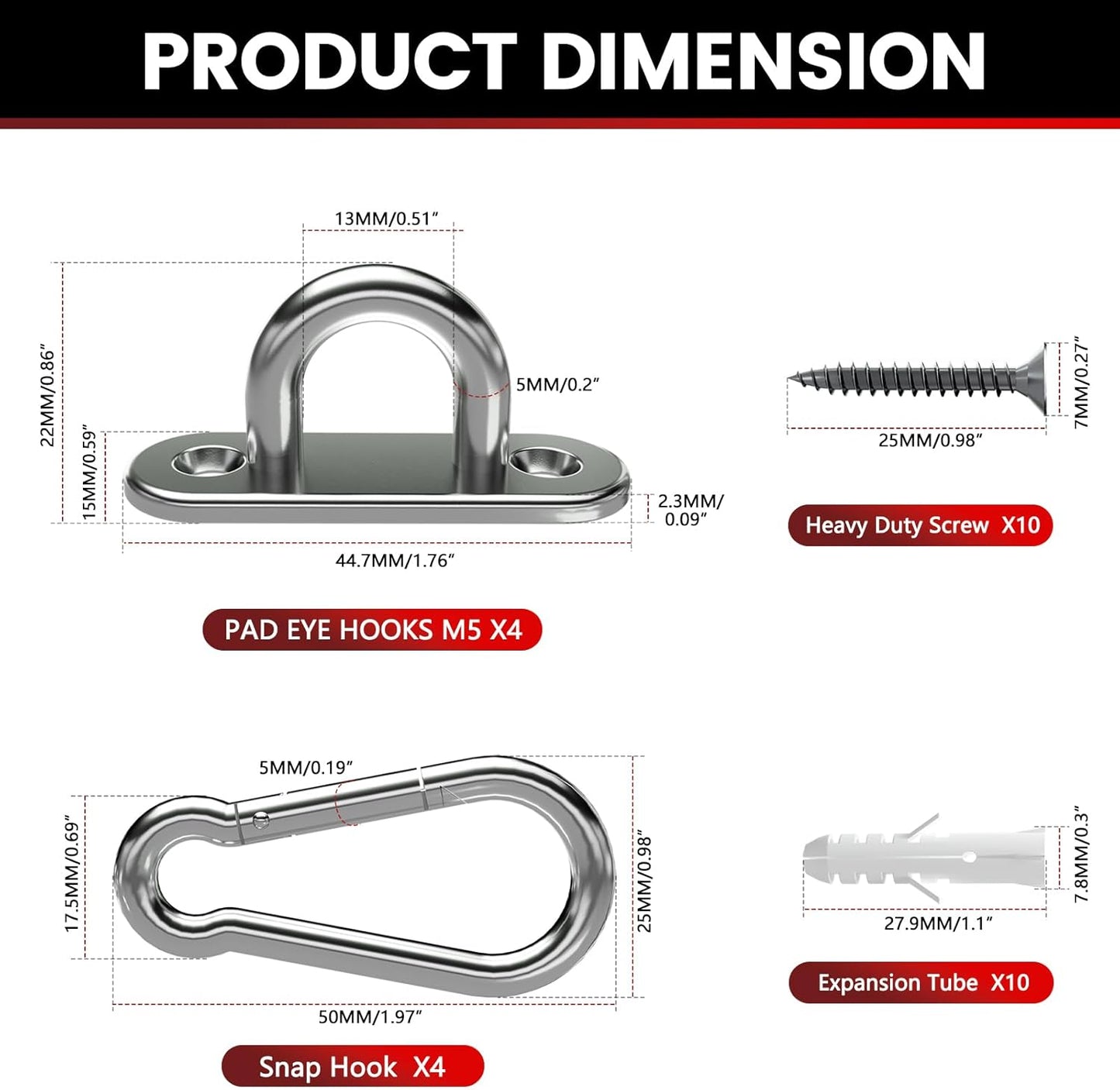 Sprookber 304 Stainless Steel Pad Eye Snap Hooks - Heavy Duty M5 Ceiling Hooks | 500 lb Capacity Set of 8
