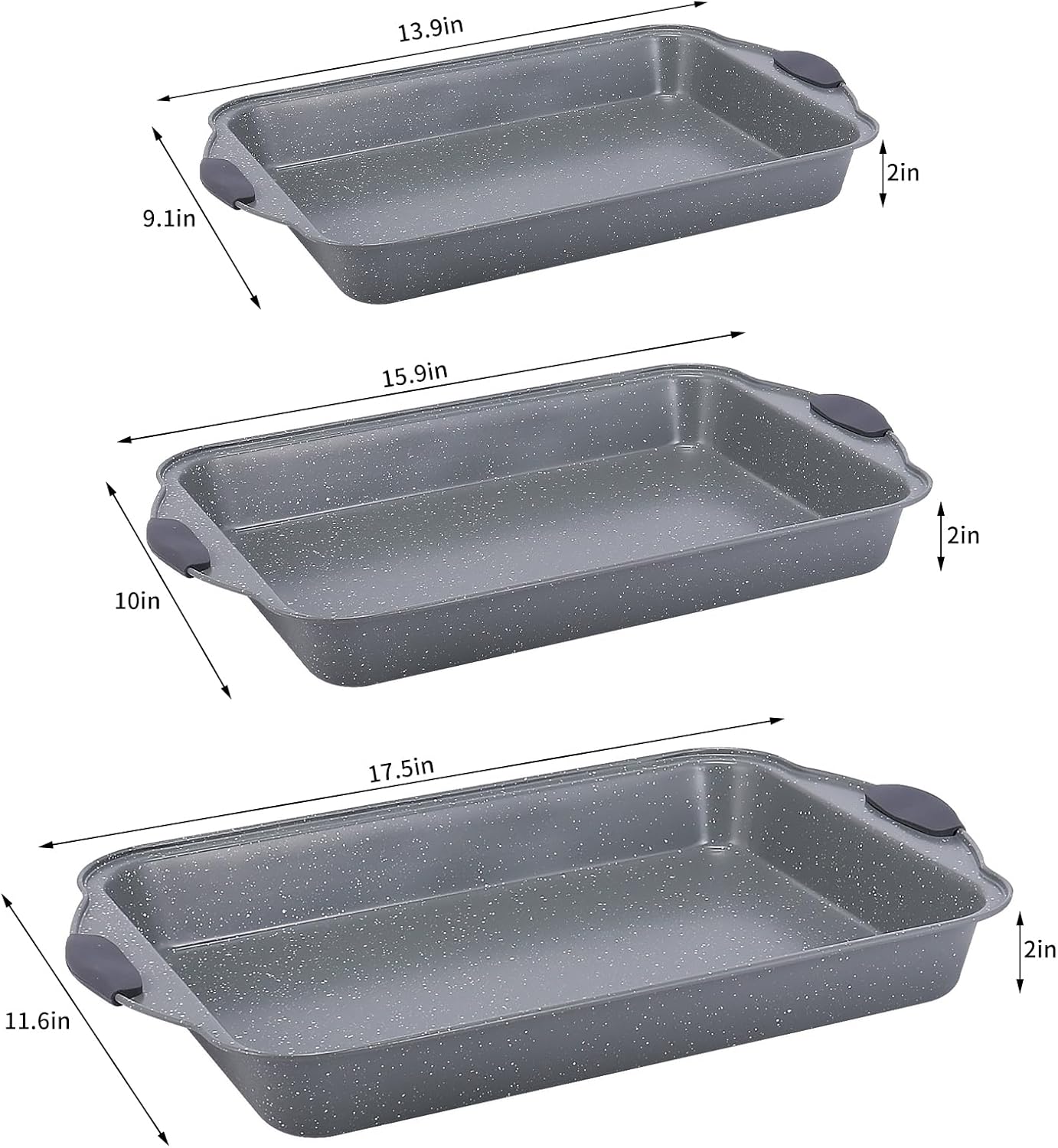 Anveena Nonstick Kitchen Oven Baking Pans - Premium Commercial Grade Bakeware with Red Silicone Handles | Easy to Clean Gray, 3-Piece Set