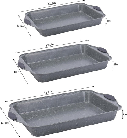 Anveena Nonstick Kitchen Oven Baking Pans - Premium Commercial Grade Bakeware with Red Silicone Handles | Easy to Clean Gray, 3-Piece Set