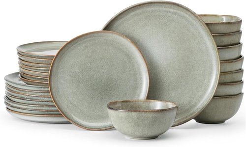 KINGSTONE 24-Piece Stoneware Dinnerware Set - Handcrafted Rustic Porcelain Plates & Bowls for 8 | Scratch Resistant, Microwave & Dishwasher Safe, Grey