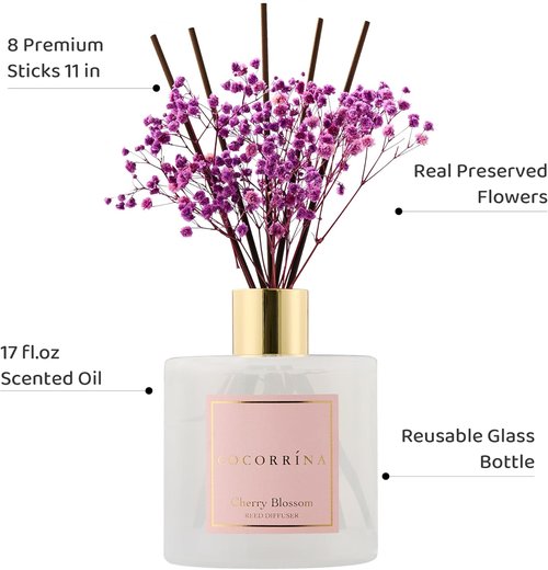 Cocorrína Reed Diffuser - Cherry Blossom Scented Home Decor | 17 Fl. Oz with 8 Sticks & Preserved Flowers