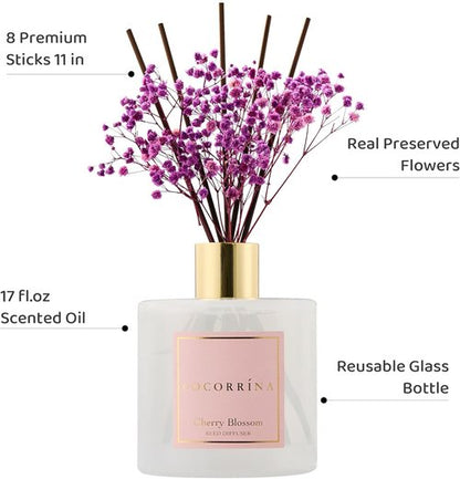 Cocorrína Reed Diffuser - Cherry Blossom Scented Home Decor | 17 Fl. Oz with 8 Sticks & Preserved Flowers