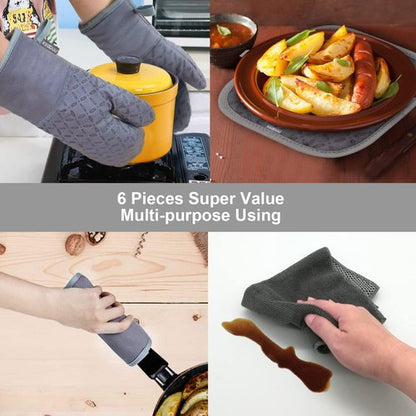 KEGOUU High Heat Resistant Oven Mitts & Pot Holders Set - Extra Long, Non-Slip Silicone, Grey
