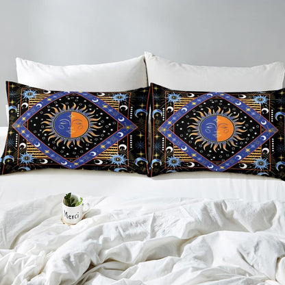 Erosebridal Boho Sun Moon Comforter Bohemian Hippie Bedding Glitter Stars Galaxy Bedding Sets & Collections Trippy Cosmos Celestial Down Comforter Queen Size,Geometric Striped Decor Bed Set Black Blue