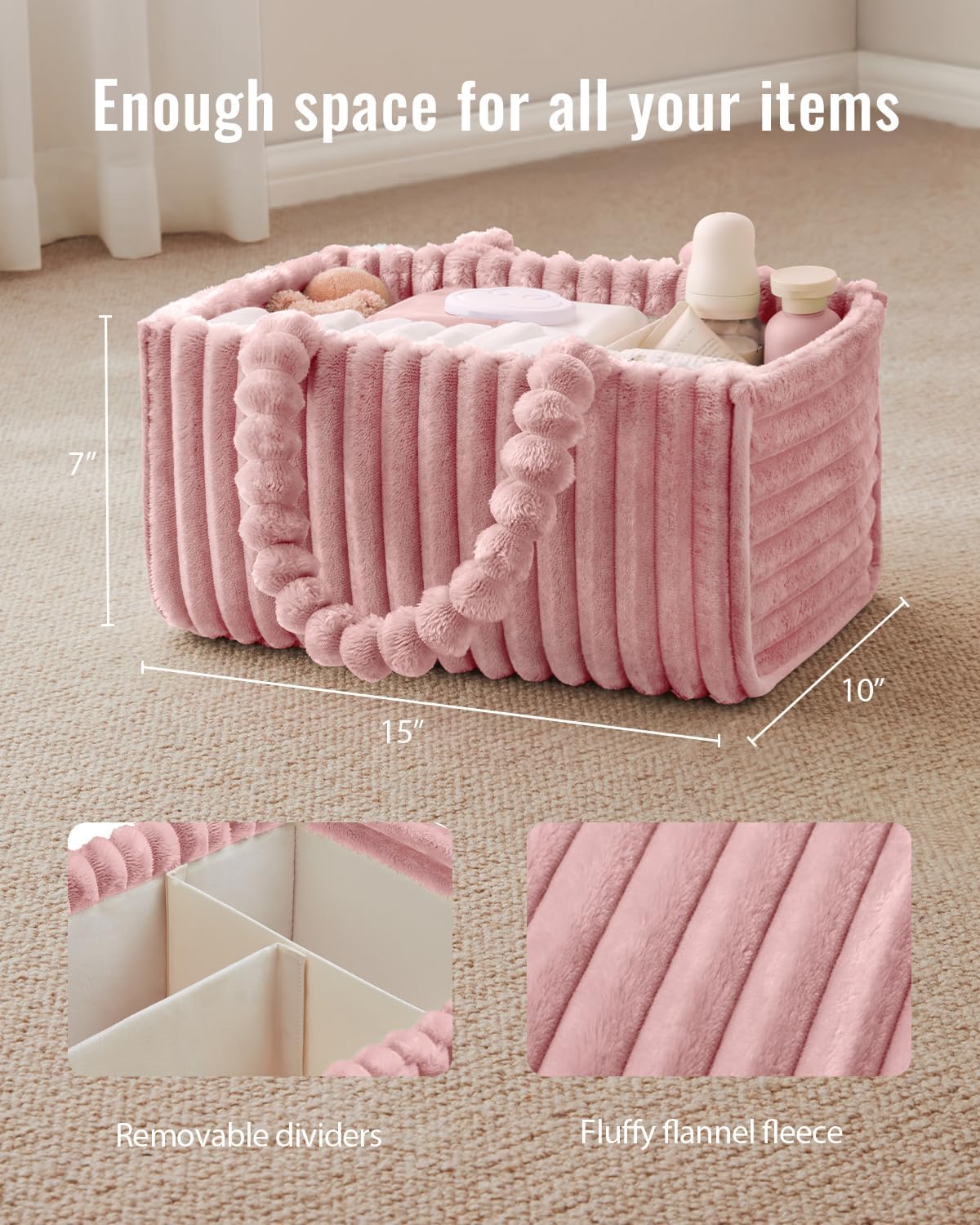 Blissful Diary Flannel Diaper Caddy Organizer - Cozy Nursery Storage Basket in Blush Pink | Perfect Baby Shower Gift
