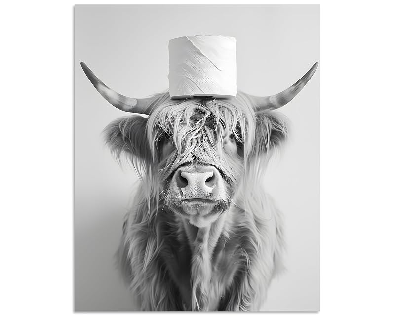Highland Cow Wall Art 24x36 — Funny Toilet Room Decor, Black & White Canvas