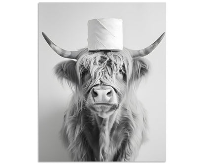 Highland Cow Wall Art 24x36 — Funny Toilet Room Decor, Black & White Canvas