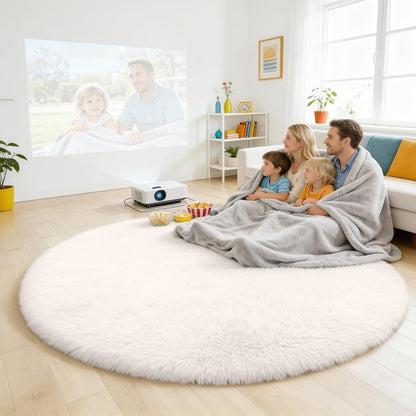OLANLY Round Ivory Area Rug - Soft, Fluffy, Machine Washable 8 ft Circle Carpet for Bedroom & Living Room