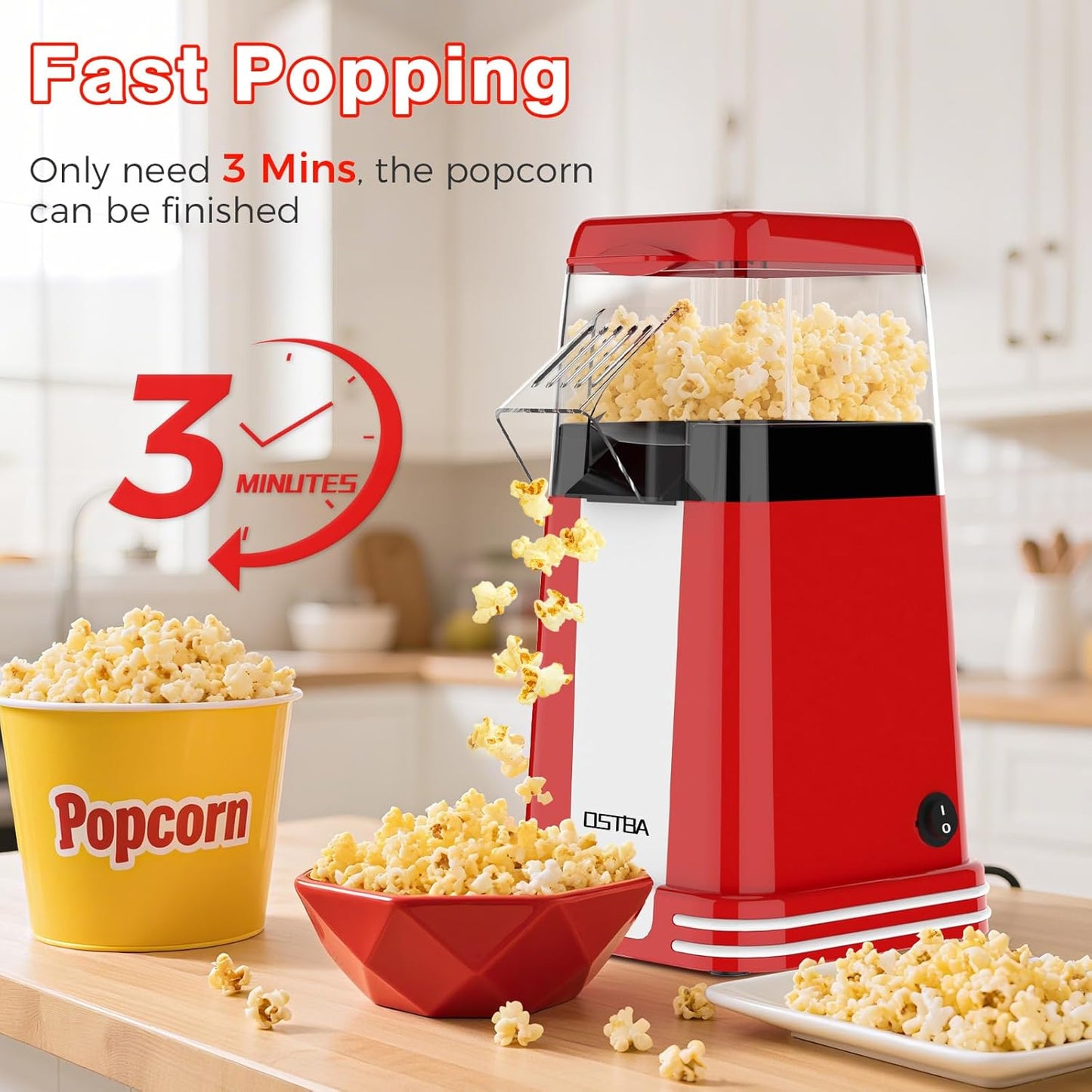 OSTBA Popcorn Maker - 1200W Mini Retro Air Popper | 12 Cups Oil-Free Electric Popcorn Machine with Butter Tray