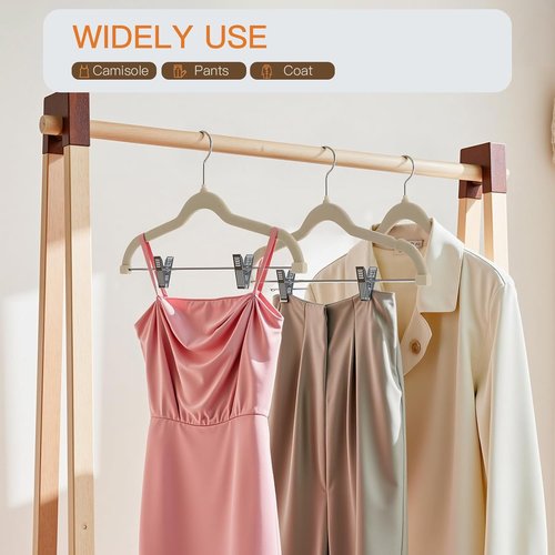 Flottian Velvet Pants Hangers - 24 Pack Adjustable Clips, Space-Saving Design, Non-Slip Beige Flocked Hangers