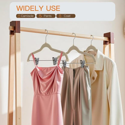 Flottian Velvet Pants Hangers - 24 Pack Adjustable Clips, Space-Saving Design, Non-Slip Beige Flocked Hangers