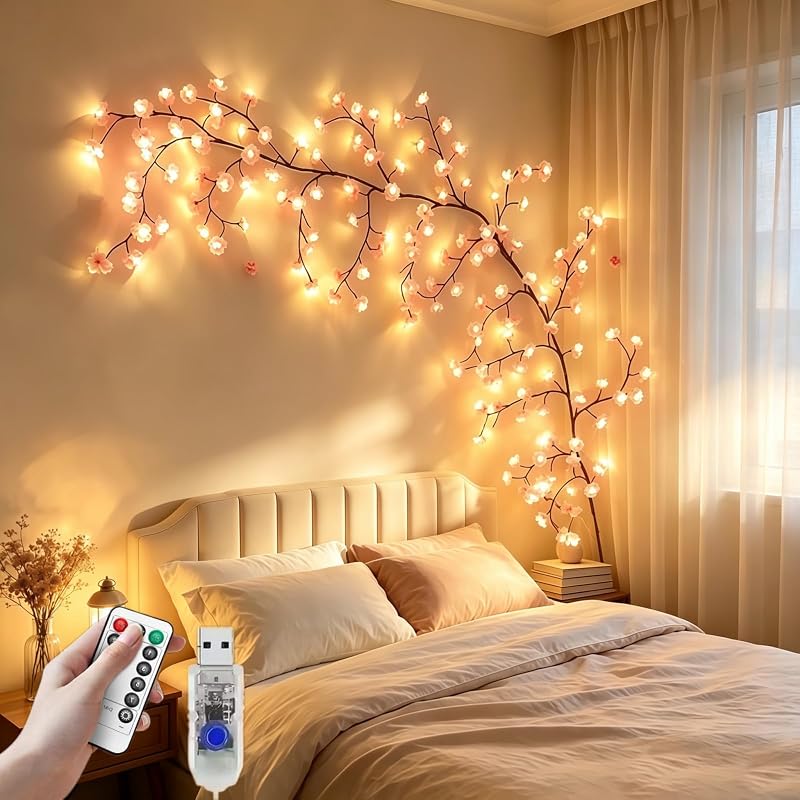 5.2 ft 72 LED Cherry Blossom Lights with Remote – DIY Bendable Pink Flower Vine (Variation: 72LED-5.2FT)