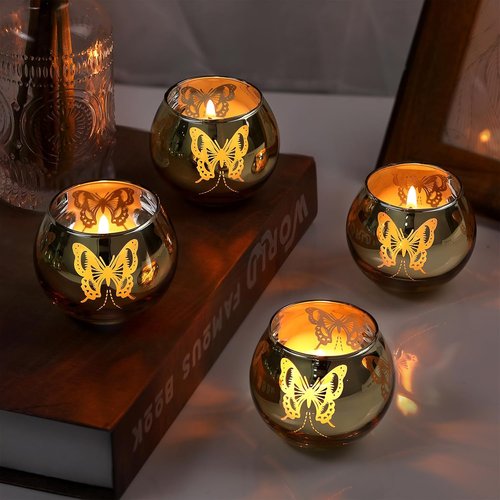 Gold Votive Candle Holders Set by [Brand Name] - 12 PCS Decorative Tea Light Holders with Butterfly Pattern for Weddings, Birthdays, and Holidays