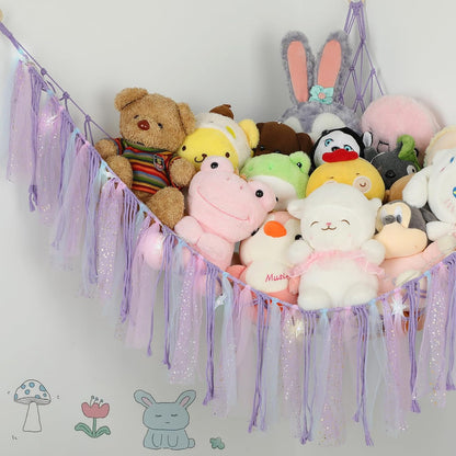 Stuffed Animal Hammock by [Brand Name] - 59-Inch LED Toy Storage Net for Kids' Bedroom | Wall-Mounted Plush Organizer in Handwoven Purple