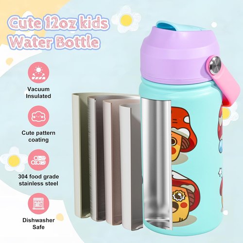 AGH 12oz Stainless Steel Kids Water Bottle - Double Insulated Sports Bottle for Travel | Mushroom Color