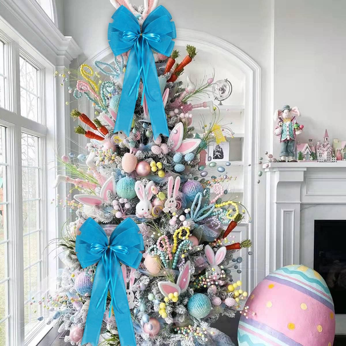 Skiennix Large Blue Easter Wreath Bow - Decorative Spring & Summer Tree Topper with Glitter String