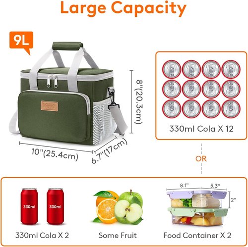 Lifewit Insulated Lunch Bag - Soft Cooler Tote for Adults | Gray & Green, 12-Can Capacity (9L)