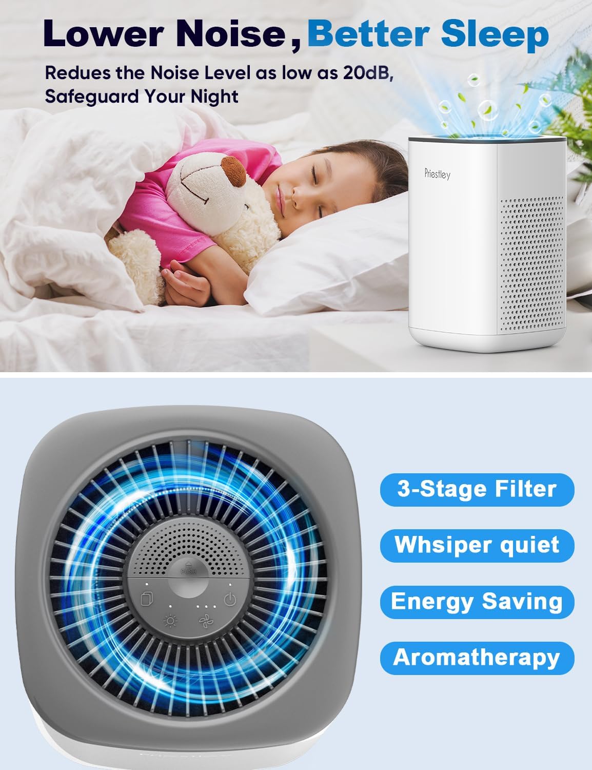 Priestley 3-in-1 HEPA Air Purifier - Quiet 20dB Essential Oil Diffuser for Home & Office