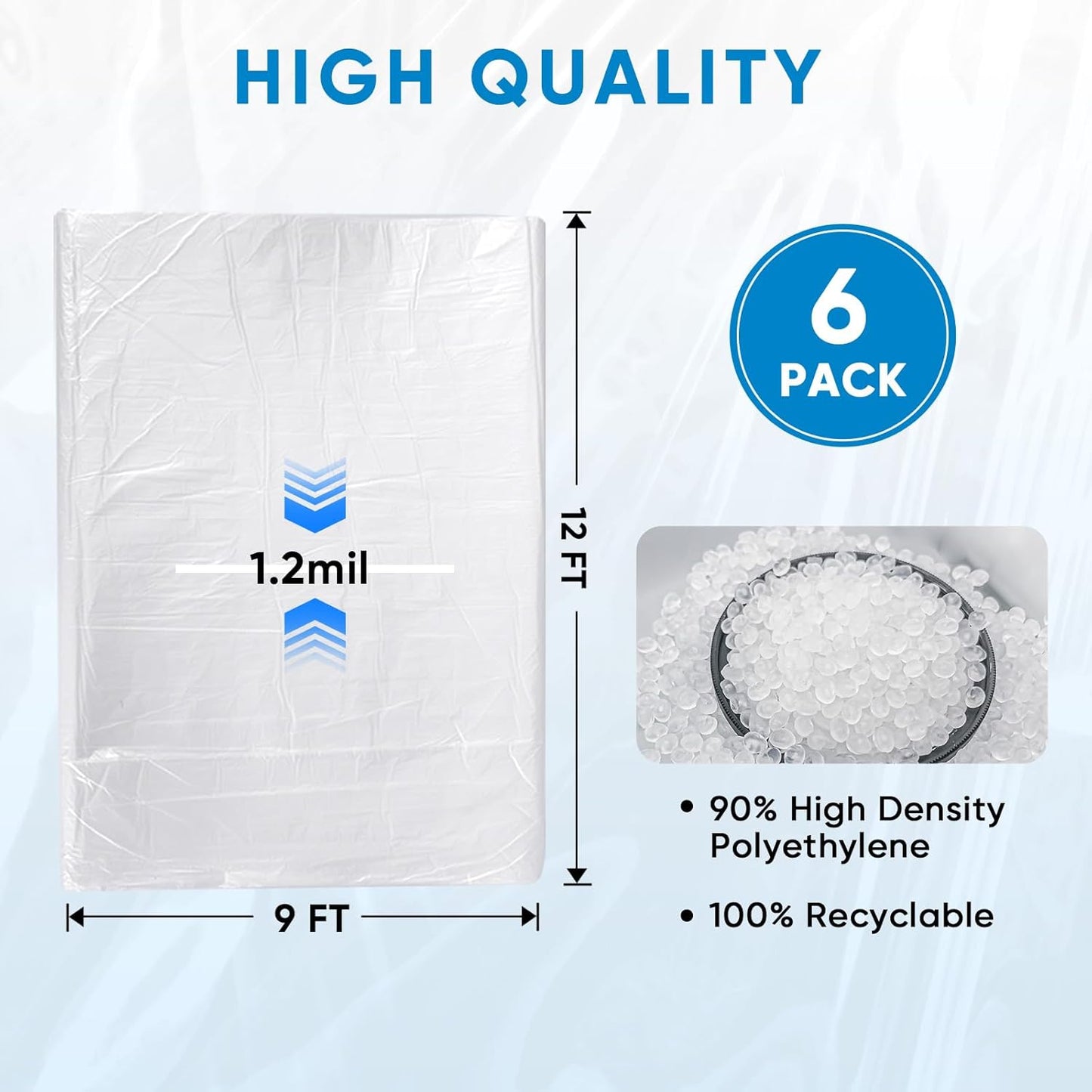 TICONN 12 x 9 Ft Waterproof Plastic Drop Cloth - Heavy-Duty Painters Sheeting for Floor & Furniture Protection (6PK, 1.2Mil)