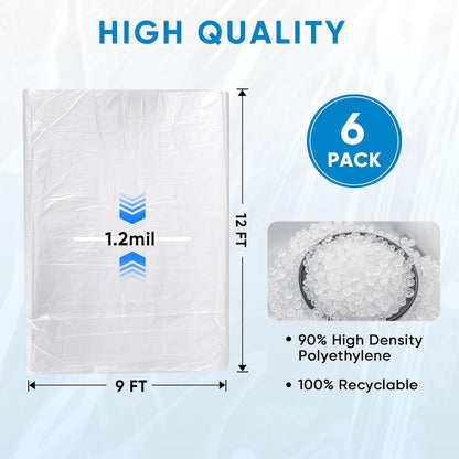 TICONN 12 x 9 Ft Waterproof Plastic Drop Cloth - Heavy-Duty Painters Sheeting for Floor & Furniture Protection (6PK, 1.2Mil)