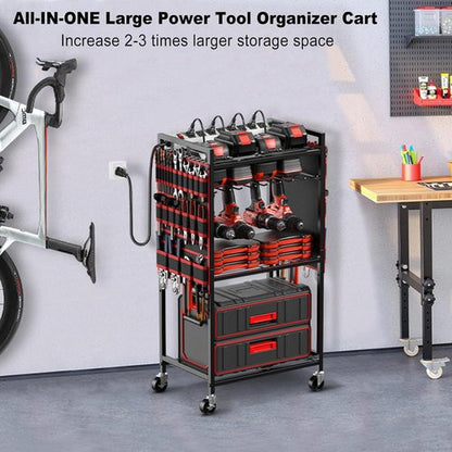 JUNNUJ Power Tool Organizer Cart - Heavy Duty Rolling Storage with Charging Station | Red