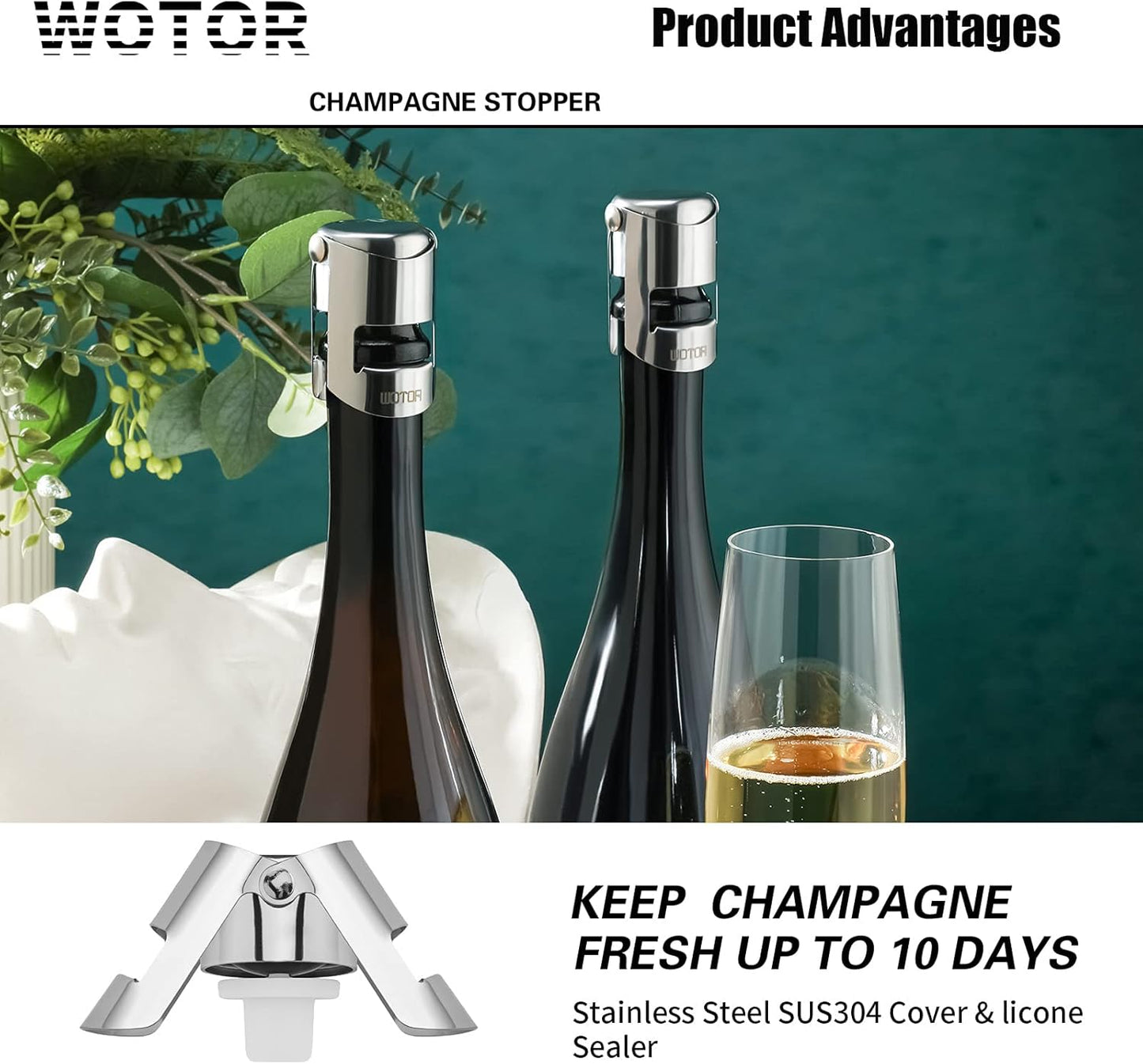 WOTOR Champagne Stoppers with Stainless Steel Champagne Bottle Stopper with Food Grade Silicone Reusable Champagne Cork, Saver Suitable for Champagne, Cava, Prosecco, Sparkling Wine (Silver, 2pack)