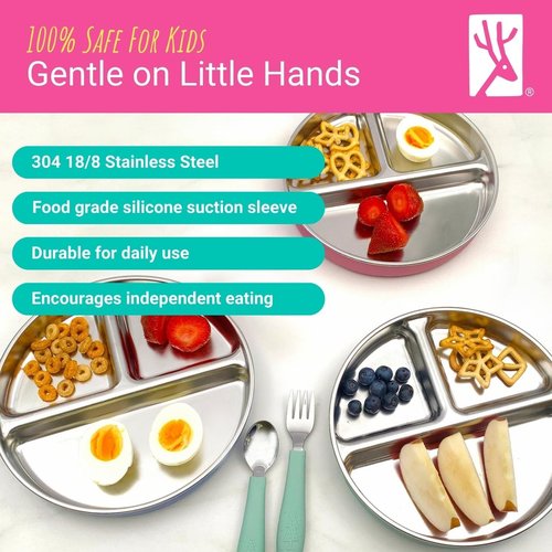 Elk and Friends Stainless Steel Divided Plates - Stay Put Suction with Silicone Sleeve | 2 Pack for Babies & Toddlers