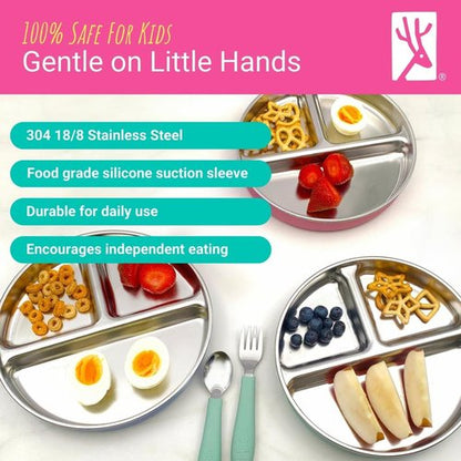 Elk and Friends Stainless Steel Divided Plates - Stay Put Suction with Silicone Sleeve | 2 Pack for Babies & Toddlers
