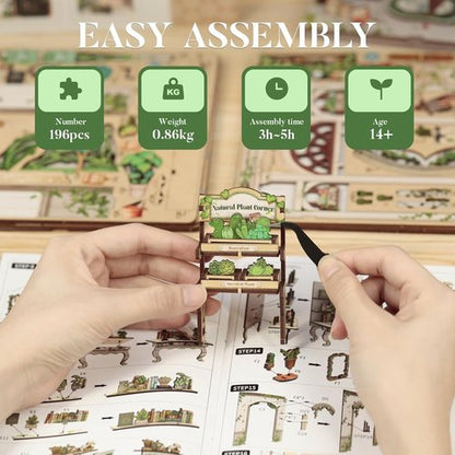 Fsolis Book Nook Kit - 3D Wooden Puzzle for Adults | DIY Miniature House, 196 Pcs, Green Life's Bookshop Design
