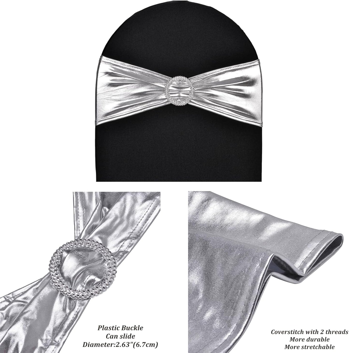 Skiennix Metallic Silver Stretch Chair Sashes - Durable Spandex Fitted Bows for Weddings & Events | 10-Pack