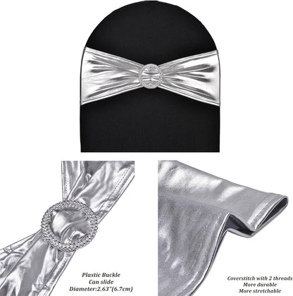 Skiennix Metallic Silver Stretch Chair Sashes - Durable Spandex Fitted Bows for Weddings & Events | 10-Pack
