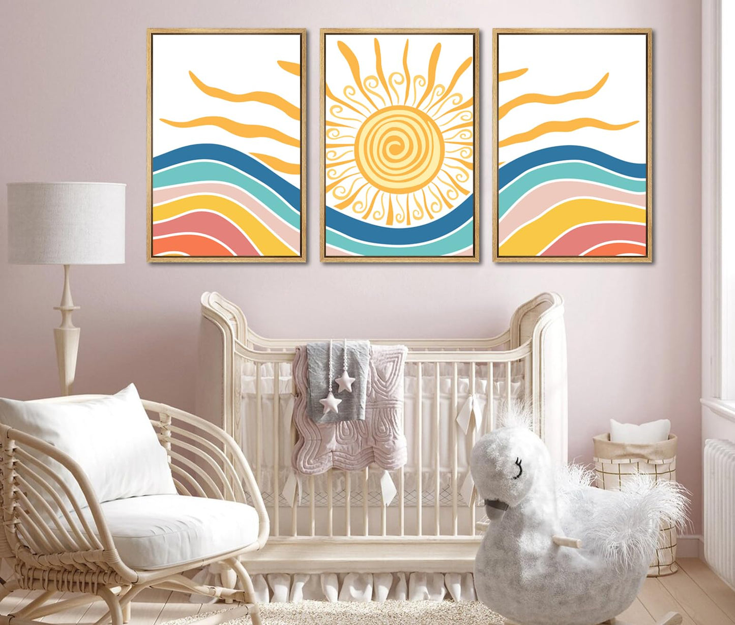 LNLAGBO Framed Boho Sunshine Wall Art Set of 3 Canvas Print Yellow Sun Rising on The Sea Minimalist Art,Mid Century Modern Boho Sun Wall Decor for Bedroom Living Room Office16 x24