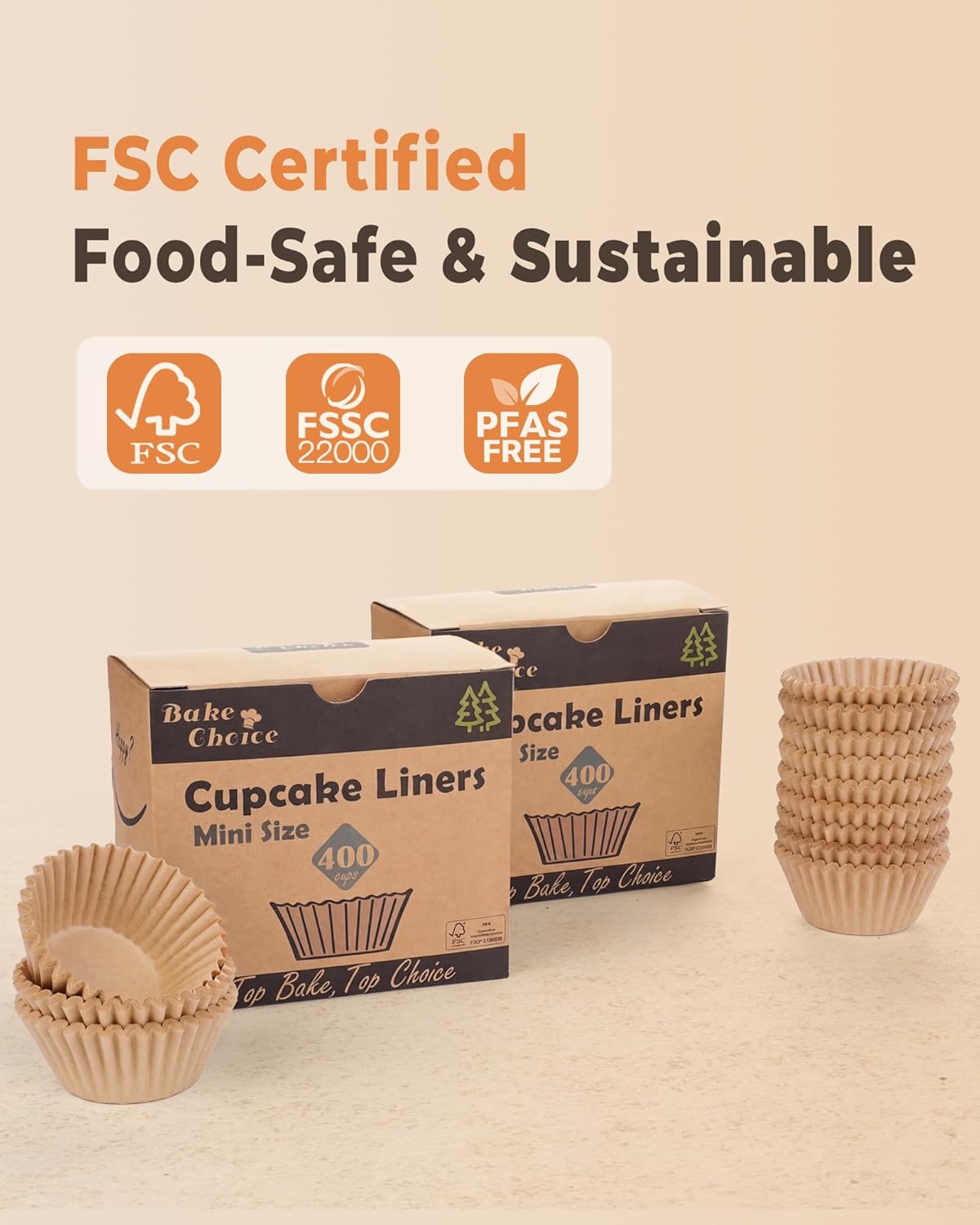 Bake Choice Mini Cupcake Liners - 400 Pcs Non-Stick Natural Parchment for Muffin Pans | Greaseproof