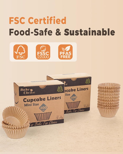 Bake Choice Mini Cupcake Liners - 400 Pcs Non-Stick Natural Parchment for Muffin Pans | Greaseproof