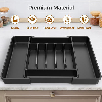 Ukeetap Extra Large Expandable Silverware Organizer - BPA-Free Cutlery Drawer Holder | Adjustable Black Design
