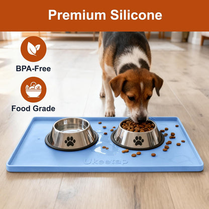 Skiennix Extra Thick Silicone Dog & Cat Food Mat - Waterproof, Non-Slip, 19” x 12”, Blue