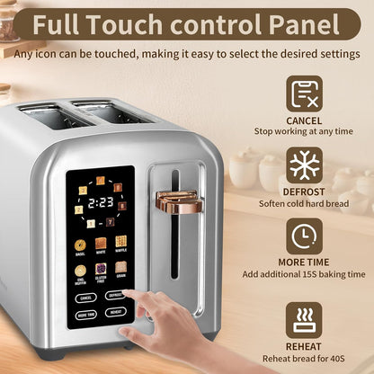 SEEDEEM 2-Slice Toaster - Full Touch Control, LCD Display, 50% Faster Heating, 7 Shade Settings, Silver Metallic