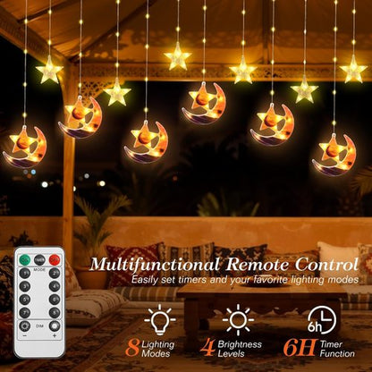 Lewondr 138 LED Moon Star Fairy Lights - USB Powered Curtain String Lights with Remote Control | 8 Modes & 6H Timer for Ramadan Decorations