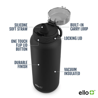 Ello Cooper 32oz Stainless Steel Water Bottle with Straw and Carry Handle, Double Walled and Vacuum Insulated Metal, Leak Proof Locking Lid with Soft Silicone Spout, Reusable, BPA Free, Black