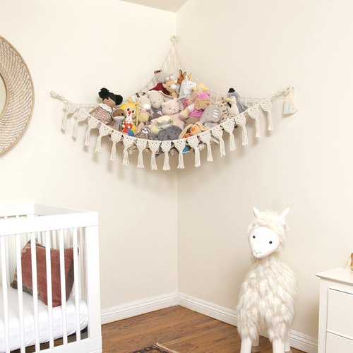 Abby Baby Extra Large Stuffed Animal Hammock with LED Lights 100% Natural Cotton Macrame Toy Storage Net for Plushies & Squishmallows Boho Macrame Corner Organizer for Kids’ Room or Nursery (Beige)