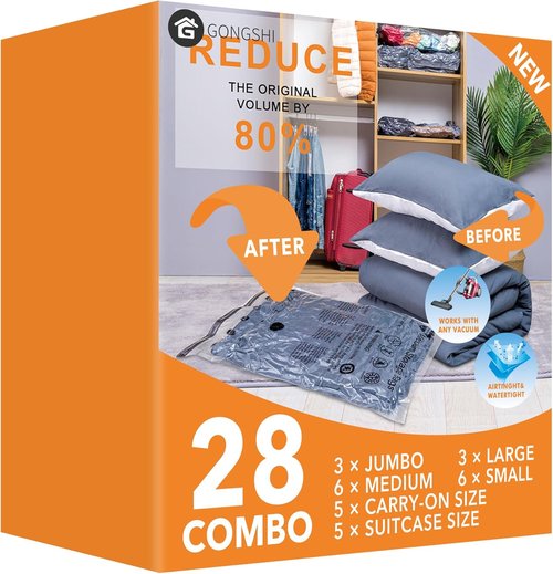 GONGSHI Vacuum Storage Bags - Space Saver Seal Bags for Clothes, Blankets & Pillows | 28 Combo Set
