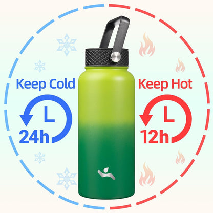Skiennix 32 Oz Insulated Stainless Steel Water Bottle - Durable Sport Bottle with 3 Lids | Bamboo Grove
