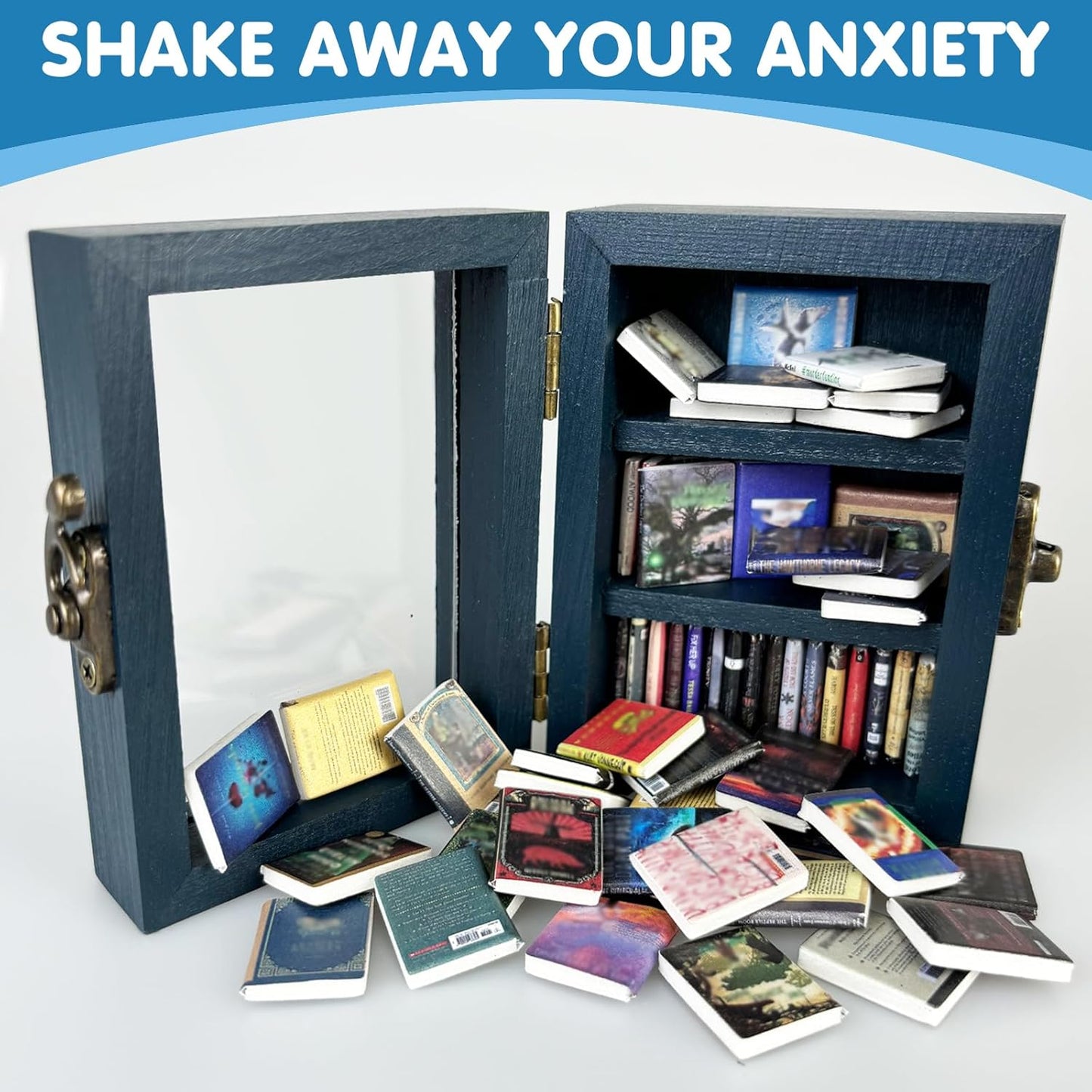 Skiennix Miniature Bookshelf Decor - Anxiety Relief Ornament with 60 Mini Books - Blue