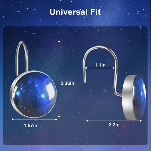 Ruvenis Galaxy Shower Curtain Hooks Set of 12, Metal Shower Hooks for Bathroom, Decorative Blue Space Shower Curtain Rings, Rust-Resistant Bathroom Accessories